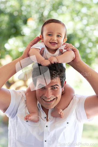 Image of Park portrait, happiness and father with baby for toddler love, happy family parents and enjoy time together in nature. Youth kid, bond or infant with backyard dad, papa or man smile for child care