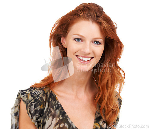 Image of Natural ginger, woman fashion and beauty portrait with cosmetics and pride in a studio. White background, happy face and confident smile of a young female person with red hair with confidence style