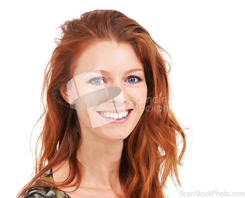Image of Natural ginger, woman portrait and happiness with cosmetics and pride in a studio. White background, happy face and smile of a young female person with hair beauty and closeup with confidence