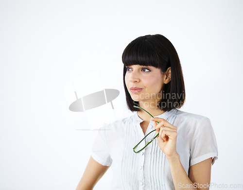 Image of Business woman, thinking and idea mockup of a creative management employee with job inspiration. Isolated person, white background and glasses of a female writer and young worker with ideas for work