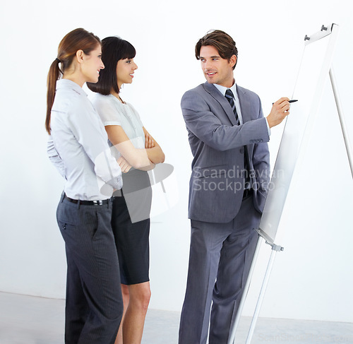 Image of Businessman, writing and coaching on whiteboard for planning, strategy or collaboration at the office. Business people in brainstorming, schedule or training staff in presentation at the workplace