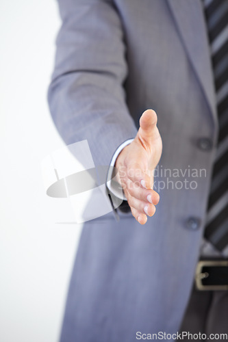 Image of Businessman, handshake and meeting for greeting, hiring or introduction for b2b, partnership or deal at the office. Employee man shaking hands for recruiting, thank you or welcome at the workplace