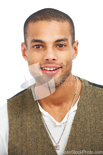 Image of Portrait, fashion and happy with a man in studio isolated on a white background for contemporary style. Face, smile and trendy with a handsome young male model posing in stylish designer clothes