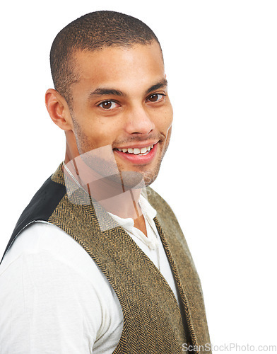 Image of Portrait, fashion and smile with a man on a white background isolated in studio for contemporary style. Face, happy and trendy with a handsome young male model posing in stylish designer clothing