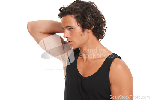 Image of Serious, fitness and face of man on a white background with confidence, pride and muscles. Healthy body, training and isolated Australian male person in studio for wellness, exercise and workout