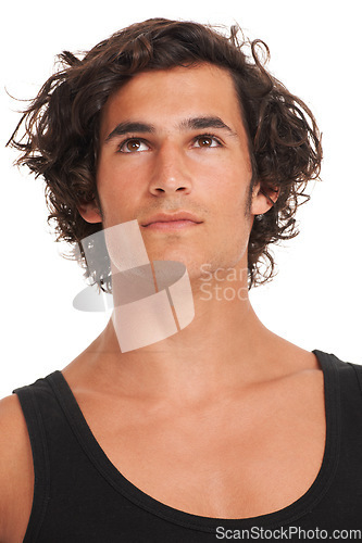 Image of Serious, thinking and face of man on a white background with confidence, pride and vision. Ideas, confident and isolated Australian male person in studio for thoughtful, contemplation and wonder