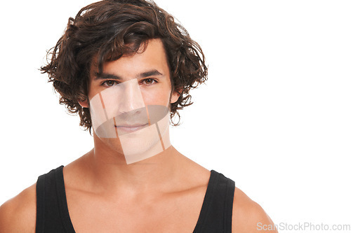 Image of Serious, skincare and portrait of man on a white background with confidence, beauty and muscles. Spa, dermatology mockup and isolated face of young male person in studio for wellness, pride and glow