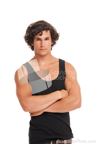 Image of Fashion, crossed arms and portrait of man on a white background with confidence, attitude and edgy style. Serious, body builder and isolated handsome, attractive and Australian male person in studio