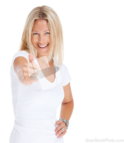 Image of Thumbs up, woman and happy portrait in studio for vote, goal or support. Face of female model isolated on a white background to show hands, sign or emoji icon for like review, feedback or thank you