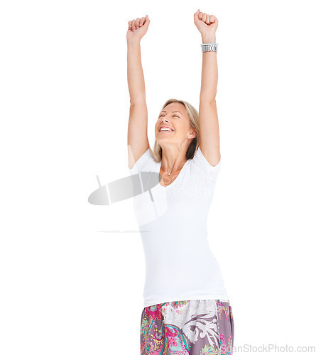 Image of Woman, excited and celebrate win with hands raised for achievement, goal or bonus. Happy female model isolated on a white background for lotto success celebration, news and sale or prize announcement