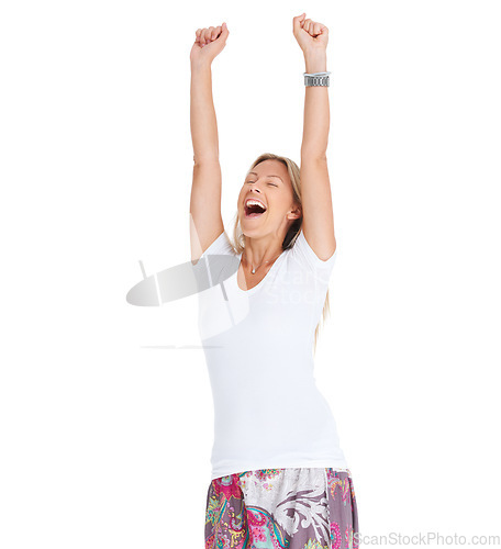 Image of Excited, hands raised and woman celebrate success for win, achievement or goal. Happy female model isolated on a white background in studio to shout for lotto prize, sale announcement or celebration