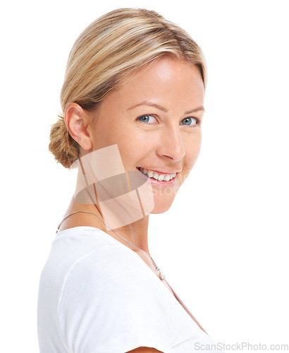 Image of Happy woman in portrait, face and natural beauty isolated on white background, skin glow and plain t-shirt in studio. Cosmetics, dermatology and female model smile, casual fashion and mockup space