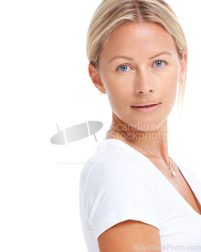 Image of Woman in portrait, skin and natural beauty isolated on white background, face glow and plain t-shirt in studio. Cosmetic care, dermatology and female model with casual fashion and mockup space