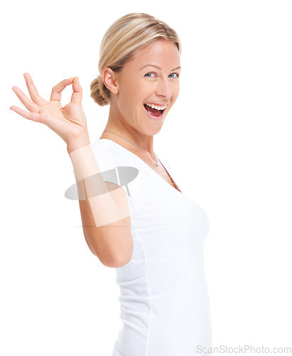 Image of Excited woman, hand sign and ok portrait in studio for happiness, agreement and support. Face of a happy female model isolated on a white background to show hands, icon or emoji for review or opinion