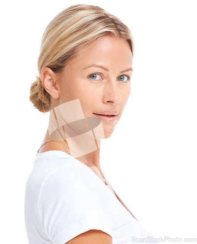 Image of Woman in portrait, confident with natural beauty and isolated on white background, skin and plain t-shirt in studio. Cosmetic care, dermatology and female model face, casual fashion and mockup space