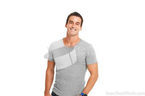 Image of Happy, isolated and smile with portrait of man and mockup for attractive, youth and designer. Creative, handsome and fashion with muscular model on white background for modern, casual and real