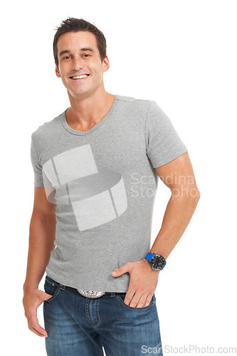 Image of Fashion, isolated and smile with portrait of man and mockup for attractive, youth and trendy style. Edgy, handsome and happy with muscular model on white background for cool, casual and pride