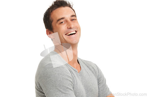Image of Man, studio portrait and laugh with happiness, fashion and funny face by white background. Isolated guy, male model and happy with t-shirt, clothes and confident smile with wellness by backdrop