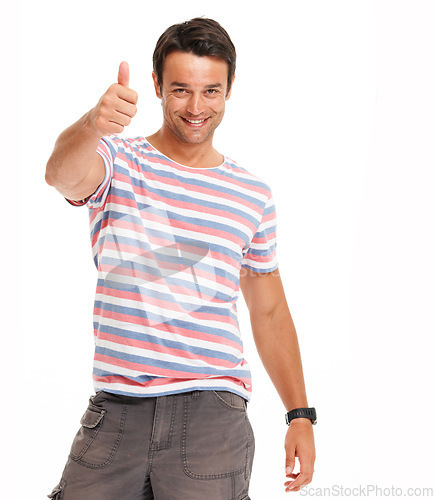 Image of Success, thank you and thumbs up with portrait of man for feedback, support or winner. Vote, yes or agreement with isolated guy model and hand gesture for promotion, goal or trust in white background