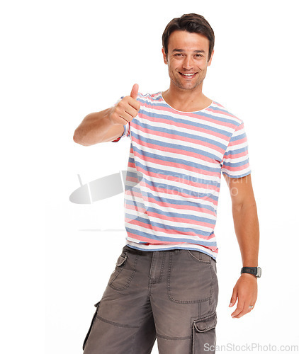 Image of Success, thank you and thumbs up with portrait of man for feedback, support or winner. Vote, yes or agreement with isolated guy model and hand gesture for promotion, goal or trust in white background