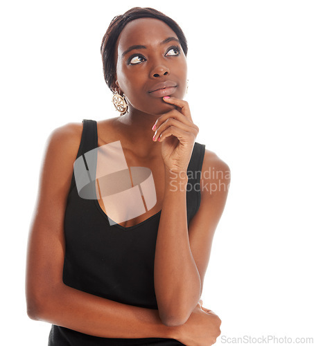 Image of Isolated, thinking and confused with black woman in studio for doubt and decision. Contemplating, modern and brainstorming with girl isolated on white background for thoughtful, unsure and goal