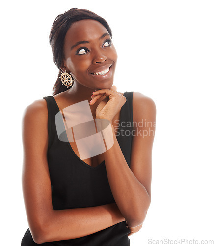 Image of Isolated, thinking and smile with black woman in studio for idea and vision. Positive person and thoughtful, natural model standing on white background for decision, choice and mockup space