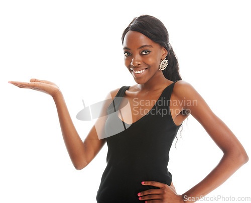 Image of Isolated, gesture and mockup with portrait of black woman for confidence, idea and product advertisement. Deal, choice and decision with face of cute girl in white background studio for promotion