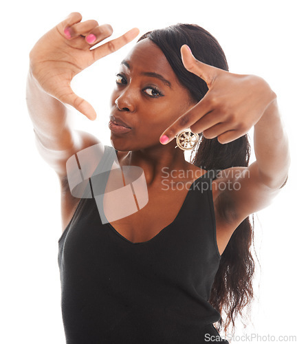 Image of Isolated, frame and hands with portrait of black woman for focus, objective and inspiration. Creative, perspective and space with face of girl in white background studio for planning, sign and vision