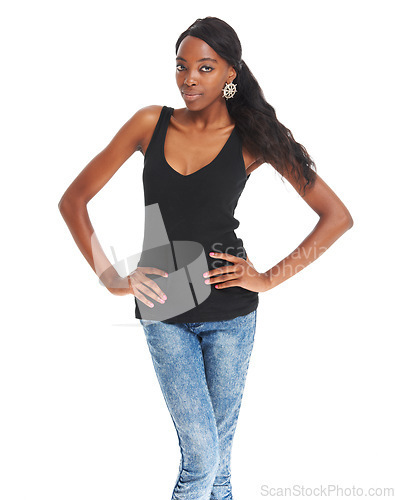 Image of Beauty, fashion and isolated with portrait of black woman and mockup for attractive, youth and designer. Creative, cute and elegant with girl model on white background for modern, trendy or real