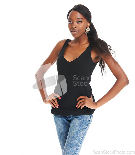 Image of Fashion, isolated and makeup with portrait of black woman and mockup for attractive, youth and designer. Creative, cute and elegant with girl model on white background for modern, trendy or real