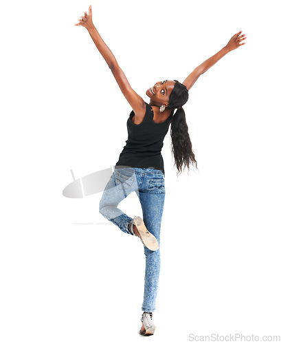 Image of Freedom, isolated and and happy with proud black woman for confidence, empowerment and excited. Success, motivation and winner with girl in white background studio for happiness, proud and positive