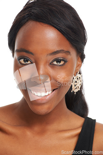 Image of Beauty, makeup and smile with portrait of black woman in studio for attractive, happy and casual. Elegant and cute face with female isolated on white background for modern, trendy or style