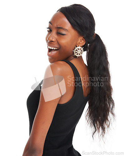 Image of Wink, support and smile with portrait of black woman in studio for thank you and like. Yes, flirty and happy female model with winner face or emoji isolated on white background mockup