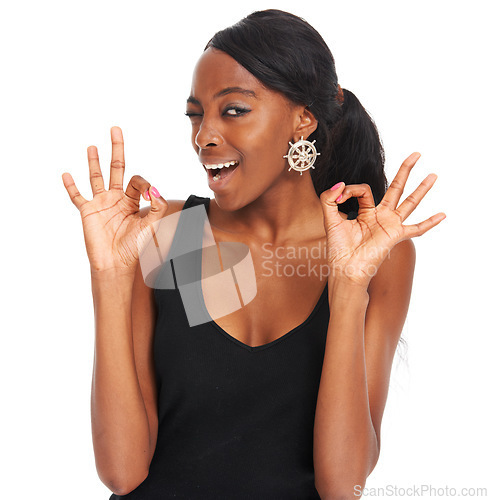 Image of Wink, okay and winner with portrait of black woman for social media, thank you or support. Success, yes and feedback with girl and hand gesture for target, goals or emoji isolated on white background