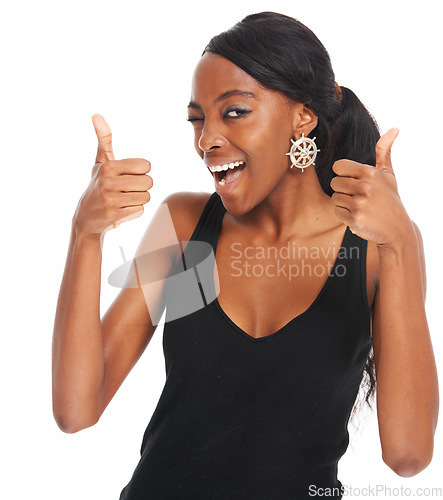 Image of Happy, thumbs up and wink with portrait of black woman. for approval, emoji and welcome. Hand, smile and confident with face of girl isolated on white background studio for yes, agreement and ok sign