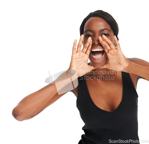 Image of Shouting, hands and mockup with portrait of black woman for marketing, advertising and designer. Creative, yell and screaming with real girl isolated on white background for feedback, idea and vote