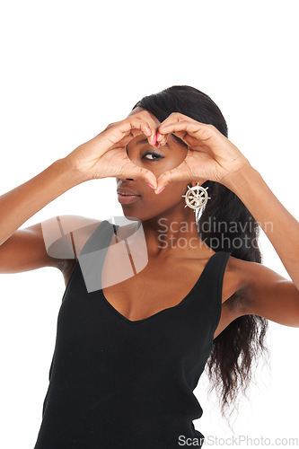 Image of Heart, eye and hands with portrait of black woman and mockup for attractive, youth and designer. Creative, cute and love sign with female isolated on white background for modern, trendy or emoji