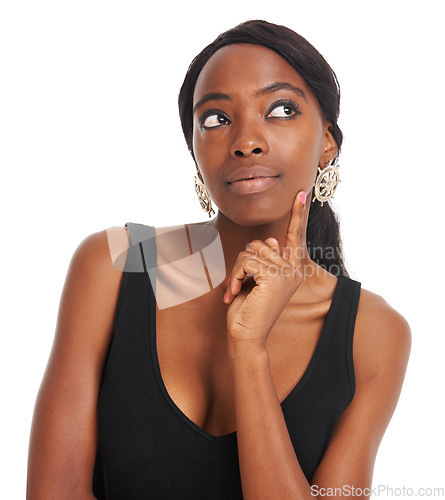 Image of Thinking, idea and confused with face of black woman for announcement, deal and designer. Creative, contemplating and elegant with girl isolated on white background for modern, advertising and real