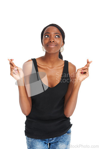 Image of Fingers crossed, smile and hope with black woman and thinking for good luck, wishing and happy. Superstition, planning and creative with girl isolated on white background for goals, target and sign