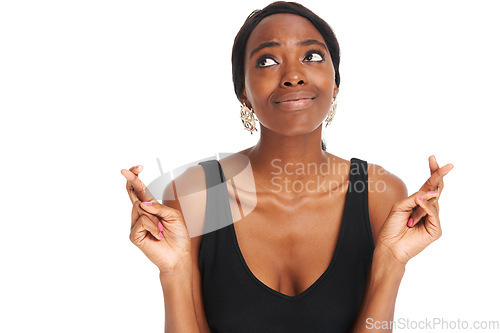 Image of Fingers crossed, thinking and hope with black woman and mockup for good luck, wishing and idea. Superstition, planning and studio with girl isolated on white background for goals, target and sign