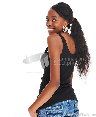 Image of Beauty, fashion and happy with portrait of black woman and mockup for attractive, youth and designer. Creative, cute and elegant with girl isolated on white background for modern, trendy or real