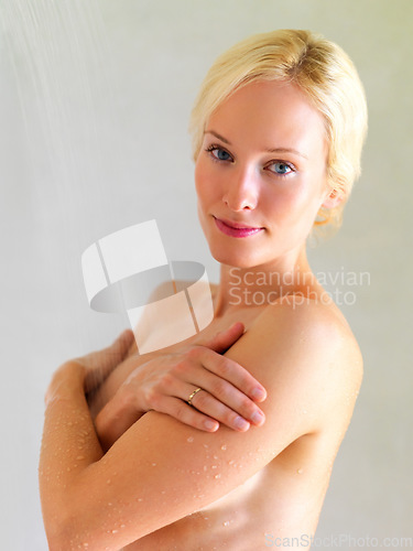 Image of Relax, shower and portrait of woman in bathroom of hotel for cleaning, wellness or hygiene on spa vacation. Hydration, water and washing with girl in villa resort for beauty, skincare and hospitality