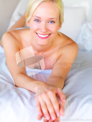 Image of Relax, bikini and portrait of woman on bed at hotel for holiday, summer break and tropical Bali vacation. Villa, resort and spa with girl lounge in bedroom for wellness, travel and luxury on trip