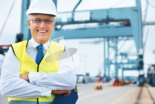 Image of Happy portrait, logistics or shipping manager smile on port with container, cargo or plant in the background. Manufacturing, supply chain or freight leader in the industrial delivery business success