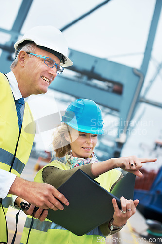 Image of Logistics, teamwork or shipping people with checklist for cargo planning, collaboration or working in industrial site. Happy supply chain, smile or manager for project management or delivery strategy