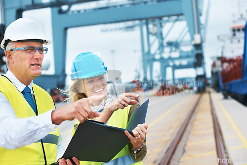 Image of Logistics, teamwork or shipping people with checklist for cargo planning, collaboration or working in industrial site. Supply chain and happy manager for project management or delivery at shipyard