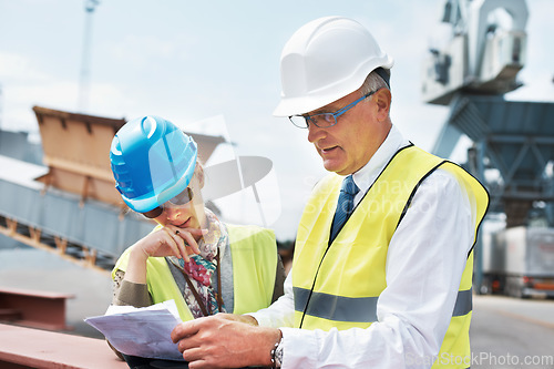 Image of Logistics, teamwork or business people with checklist for cargo planning, collaboration or working in industrial site. Happy supply chain, smile or manager for project management or delivery strategy