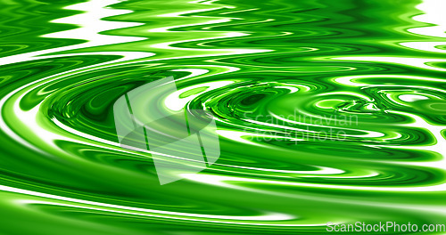 Image of 3D, animated and VFX of neon, shiny and futuristic waves making ripples in liquid green color substance. Texture, movement and pool with glowing zen water for a vaporwave aesthetic background