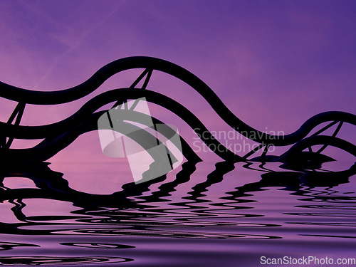 Image of 3D, silhouette and VFX of purple fantasy vaporwave aesthetic horizon with calm water, ocean or lake. Color, reflection and mystical night landscape of a pool with steel pipes for zen background