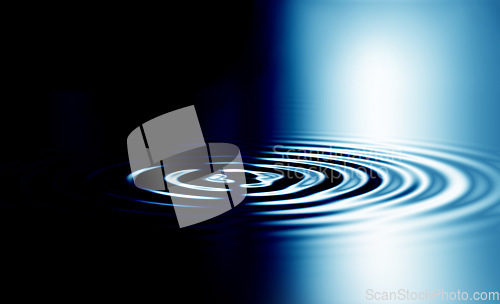 Image of Wallpaper, 3D liquid ripples or graphics of blue circular waves with a metallic reflection on the surface. Texture, effect and art deco of movement in a futuristic pool or smooth zen water background